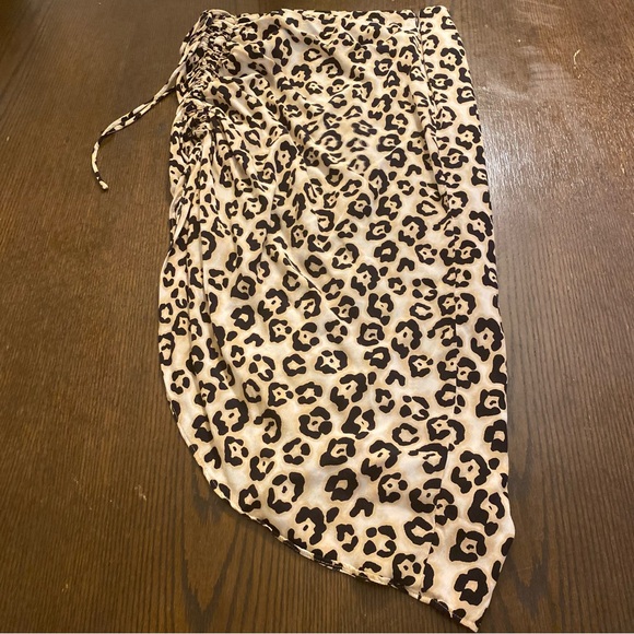 Tan Black Leopard Animal Print Asymmetrical Drawstring Skirt Size Small - Picture 2 of 5